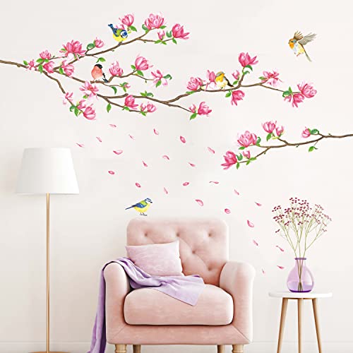 DECOWALL SG-2117 Kirschblüte Wandtattoo Hängende Wandaufkleber Rosa Blumen Äste Vögel Wandsticker Schlafzimmer Wohnzimmer Fenster Wanddeko