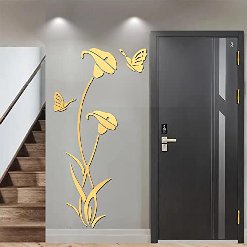 HNVNER Wandtattoo Blume 3D DIY Spiegel Wandaufkleber für Wohnzimmer Wandsticker für Schlafzimmer Wanddeko für Sofa Hintergrund TV Wand Hintergrund(59 x 31 in, Golden)