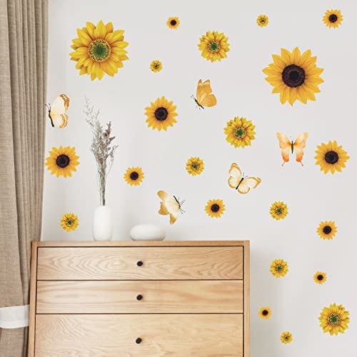 Wandtattoo Wandaufkleber Wandsticker Sommer Sonnenblume Schlafzimmer Nachttisch Dekoration Wandaufkleber Wandbild Schmetterling Pflanze Blume Wohnzimmer Hintergrund Aufkleber Wanddeko Mädc