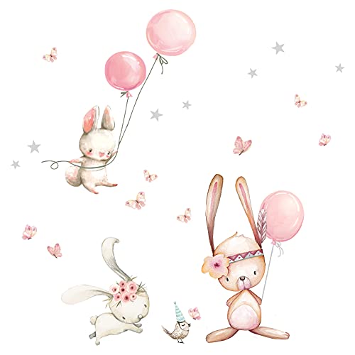 Little Deco Wandtattoo Wandsticker Kinderzimmer Tiere Hasen I Wandbild 54 x 39 cm (BxH) I Luftballons Sterne Wandaufkleber Spielzimmer Baby Deko Kinder DL726