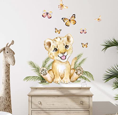 WANDKIND Löwe & Schmetterlinge V357 Wandtattoo Kinderzimmer | handgezeichnet | AUFKLEBER Kindergarten | Wandsticker Babyzimmer Leo mit Sterne Löwen Schmetterling Safari (75 x 75 cm)