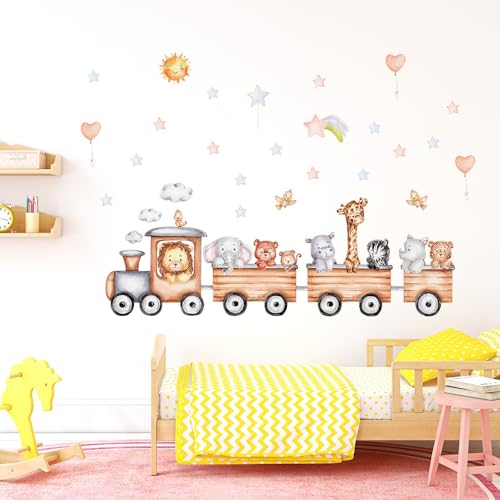 Wandtattoo Safari Tiere Zug Wandaufkleber Dschungel Tiere Elefant Giraffe Löwe Affe Zebra Fuchs Wanddeko für Tür, Kinderzimmer Babyzimmer Spielzimmer