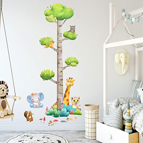 HaoFuJi Selbstklebend Wandsticker Messlatte Kind Waldtiere Giraffe Wandtattoo Baum Pflanzen Blumen Pilz Deko Tapete Wanddeko für Wohnzimmer Kinderzimmer Schlafzimmer Flur küche Büro