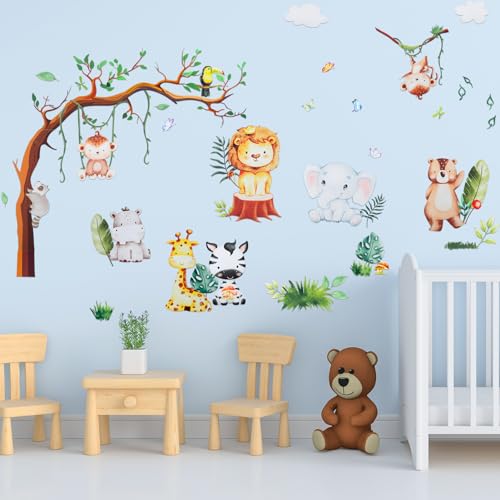 dusaniyali 8 Stück Wandtattoo Safari Tiere Set, Wandsticker Dschungel Tiere Party Wandaufkleber Giraffe Löwe Affe Zebra für Jungen Mädchen Babyzimmer Kinderzimmer Schlafzimmer Türen Wanddeko