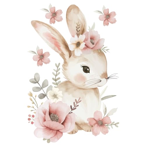 Hoppla - Wandtattoo für Kinder XL – kleines blumiges Kaninchen – 60 x 40 cm – Dekoration für Babyzimmer Mädchen – Wandaufkleber wiederverwendbar – Aufkleber Hase