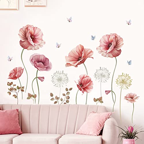 wondever Wandtattoo Mohnblumen Rot Wandaufkleber Garten Blumen Schmetterling Wandsticker Wanddeko für Wohnzimmer Schlafzimmer Sofa Hintergrund