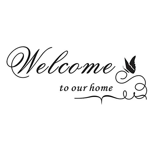 “Welcome to Our Home” mit Schmetterling Wandtattoo, AUHOTA Abnehmbare DIY Spruch Wandsticker Wandaufklebe Wandgemälde Dekoration für Kinder Schlafzimmer Wohnzimmer Ankleidezimmer (24×10Zoll, Schwarz)