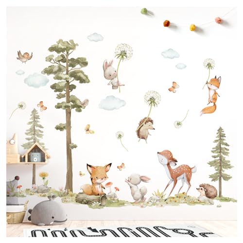 DEKO KINDERZIMMER Wandtattoo Waldtiere Baum Wandsticker Fuchs Hase REH Wandaufkleber Babyzimmer Pusteblume Kinderzimmer Wanddeko DK1137-05