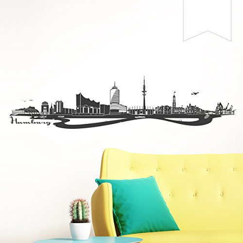 WANDKINGS Wandtattoo Skyline Hamburg (mit Sehenswürdigkeiten und Wahrzeichen der Stadt) 150 x 35 cm weiß - erhältlich in 33 Farben