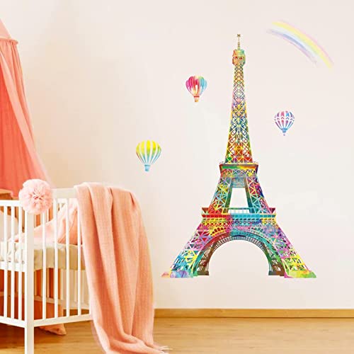 decalmile Wandtattoo Eiffelturm Paris Bunt Wandaufkleber Heißluftballon Mädchen Wandsticker Kinderzimmer Schlafzimmer Wohnzimmer Wanddeko