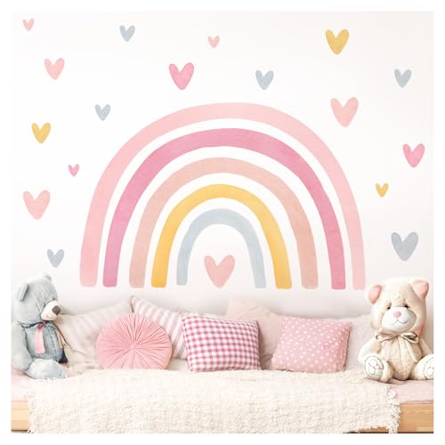 Little Deco Wandaufkleber Kinderzimmer Regenbogen Wandtattoo Pastell Boho Herzen Aquarell Wandsticker Babyzimmer Schlafzimmer Deko DL5088-02