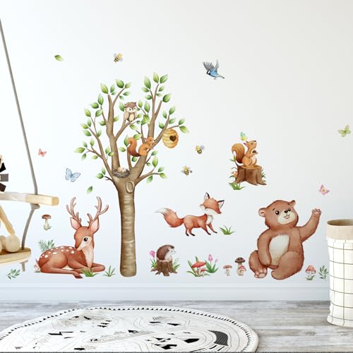 HaoFuJi Wandtattoo Waldtiere Kinderzimmer Baum Junge Mädchen Tiere Dschungel Deko Wandsticker Reh Fuchs Wandaufkleber Wanddeko Schlafzimmer Babyzimmer Wandbild Kinder Aufkleber Safari Tapete