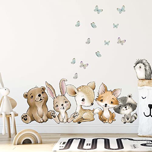 WANDKIND Waldtiere Wandtattoo Kinderzimmer V372 | handgezeichnet | AUFKLEBER Kindergarten | Babyzimmer Wandsticker Dschungel mit Bär Igel Reh Waschbär Fuchs Hase (60 x 60 cm)