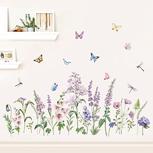 wondever Wandtattoo Lavendel Lila Blumen Wandaufkleber Garten Blume Schmetterling Wandsticker Wanddeko für Schlafzimmer Wohnzimmer Sofa Hintergrund