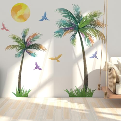 Runtoo Wandtattoo Palme XL Wandsticker Baum Strand Vögel Pflanze Wandaufkleber Kinderzimmer Babyzimmer Wohnzimmer Schlafzimmer Wanddeko