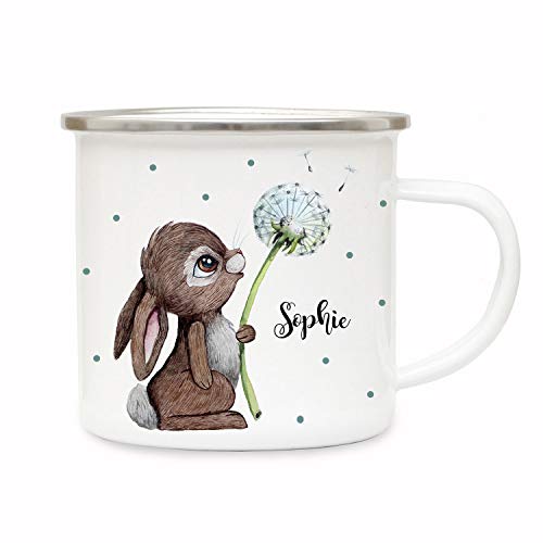 ilka parey wandtattoo-welt Emaillebecher Becher Tasse Camping Hase Häschen mit Pusteblume & Wunschname Name Kaffeetasse Geschenk eb366