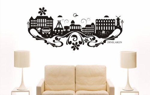 INDIGOS UG - Wandtattoo Wandsticker Wandaufkleber Aufkleber - Wandaufkleber e747 Skyline Stadt - Dinslaken (Deutschland) Design 3-80x36 cm - schwarz - Dekoration Küche Bad Büro Hotel