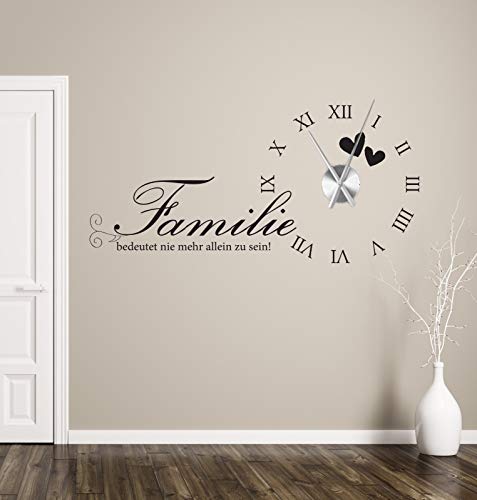 tjapalo® a235 Wanduhr Wohnzimmer Wandtattoo Uhr Sprüche Zitate Wandspruch Familie bedeutet nie mehr allein zu sein Wandaufkleber mit Uhrwerk, Größe: B120 x H58cm (+Uhrwerk silber), Farbe: Schwarz