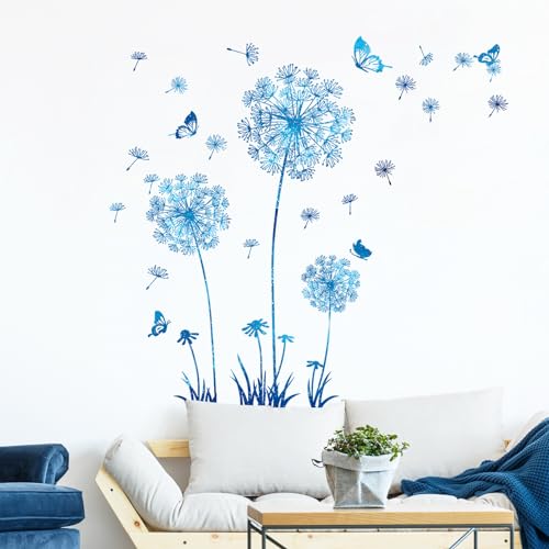 Tanlaby Löwenzahn Wandsticker Blauer Blumen Wandtattoo Pusteblume Schmetterlinge Wandaufkleber für Wohnzimmer Schlafzimmer Büros Sofa Hintergrund Hause Wanddekoration