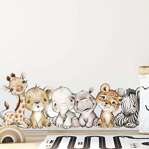 WANDKIND Tiere Afrika Wandtattoo Safari Kinderzimmer V351 | handgezeichnet | AUFKLEBER Kindergarten | Wandsticker Dschungel mit Löwe Elefant Giraffe Nilpferd Zebra Tiger (75 x 75 cm)