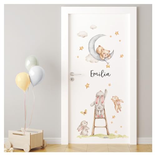 Little Deco Türaufkleber Tiere mit Mond personalisiert Wandsticker mit Name Babyzimmer Wandtattoo Kinderzimmer Bär Hase Wandaufkleber Wanddeko DL5081-01