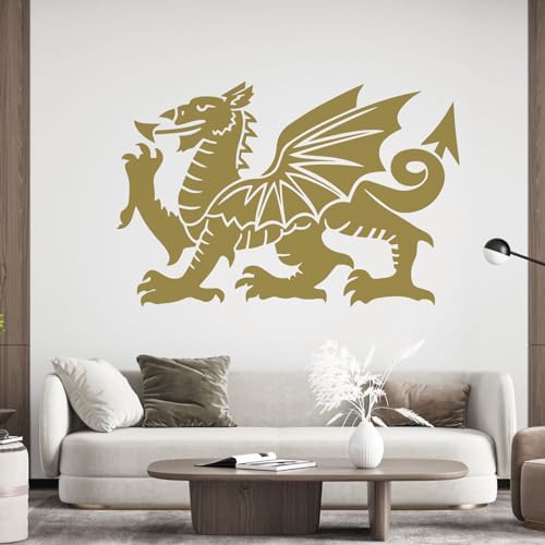 Wandtattoo, Motiv: Walisischer Drache, Y-Ddraig Goch, Drache von Cadwalader, Wales-Symbol, goldfarben