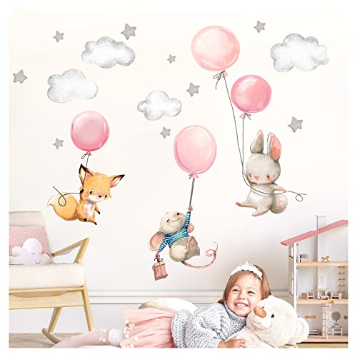 Little Deco Wandsticker Kinderzimmer Wandtattoo Mädchen Hase Maus Fuchs I Wandbild 71 x 41 cm (BxH) I Ballon Sterne Wandaufkleber Spielzimmer Baby DL609