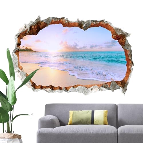 3D Wandtattoo, 3D-Effekt Wandtattoo, Wandbild, Mauerloch Wandsticker, Wandaufkleber Durchbruch Städte Landschaft Abenteuer, Wandsticker Meer Strand Palm Insel Karibik Poster Fensterblick, Wand Deko