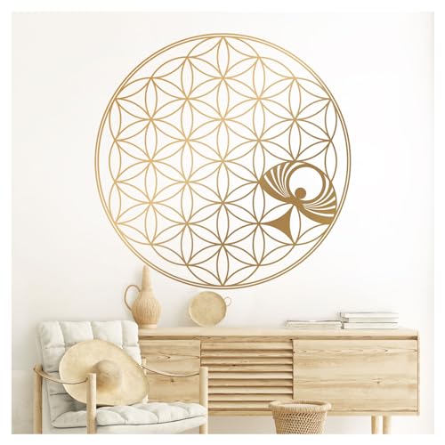 Grandora Wandtattoo Blume des Lebens mit Engel I Gold (BxH) 75 x 75 cm I Schlafzimmer Wohnzimmer Sticker Aufkleber Wandaufkleber Wandsticker Mandala W5624-03