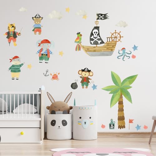 GRAZDesign Wandtattoo Piraten Kinderzimmer Set - Pirat Tiere Piratenschiff - Wandaufkleber Babyzimmer für Jungen und Mädchen, selbstklebend 57x57cm