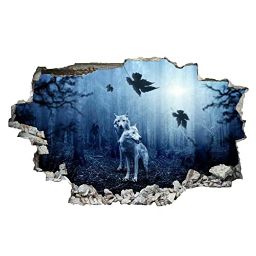 Wolf 3D Durchbruch Wandtattoo Mädchen Kinderzimmer Tiere Wandaufkleber Dekorative Nachtlandschaft Wandsticker Vinyl Wandaufkleber für Junge Teenager Zimmer Wohnzimmer Schlafzimmer Wandbilder Deko