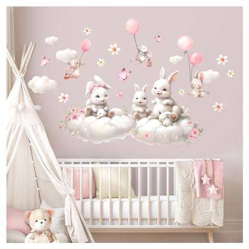 Little Deco Wandsticker Hasen auf Wolken Wandtattoo Kinderzimmer Blumen Set Wandaufkleber Babyzimmer Maus Ballon Schlafzimmer Wanddeko DL5055-03