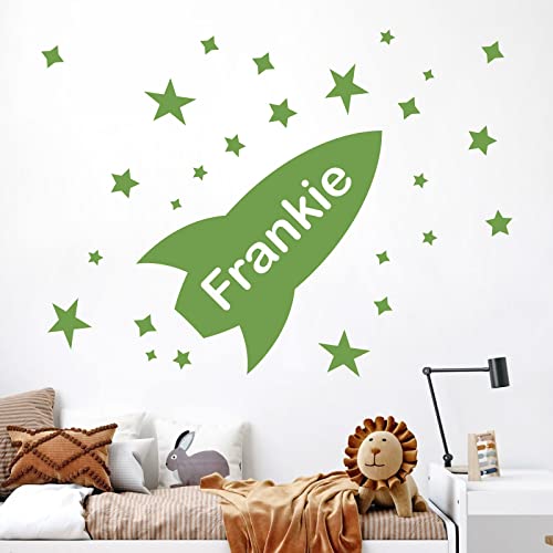 Wandtattoo Rakete mit Sternen – Jungen-Schlafzimmer personalisierbar Name [Gras]