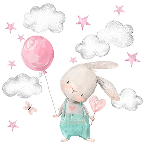 Little Deco Wandtattoo Wandsticker Kinderzimmer Tiere Hase I Wandbild 111 x 76 cm (BxH) I Ballon Sterne Wandaufkleber Spielzimmer Baby Wanddeko Mint rosa DL603