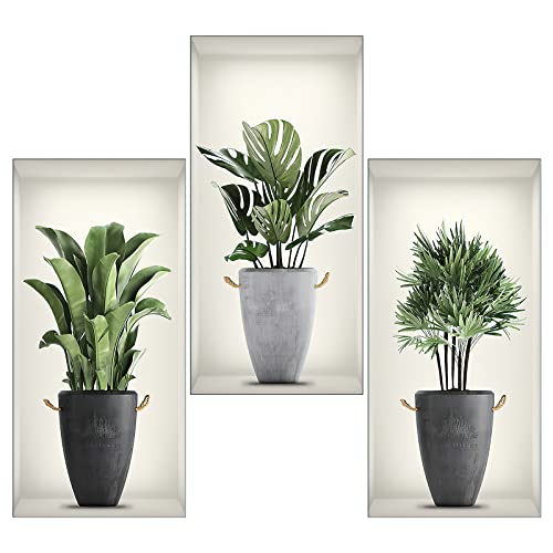 VOSSOT 3 Stück 3D Wandaufkleber Vase, Vasen Wandtattoo für Wohnzimmer, Grüne Pflanzen Wandsticker, Wohnzimmer Schlafzimmer Küche Decor Selbstklebendes Wandbild Grüne Topfpflanze Wandbild, 43×22cm