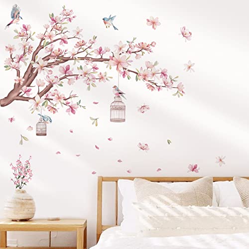 wondever Wandtattoo Blumen Rosa Magnolie Wandaufkleber Vögel auf Ast Baum Wandsticker Wanddeko für Wohnzimmer Schlafzimmer Sofa Hintergrund