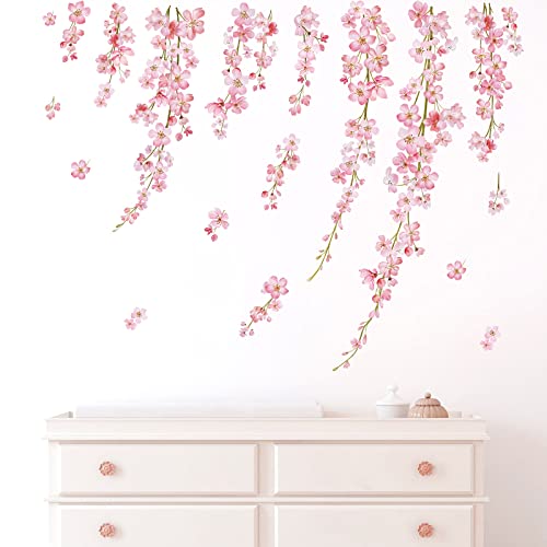 wondever Wandtattoo Hängende Kirschblüte Wandaufkleber Rosa Blumen Kirschblüte Baum Wandsticker Wanddeko für Wohnzimmer Schlafzimmer Fenster