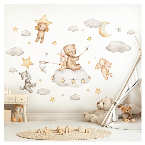 Little Deco Wandsticker Waldtiere auf Wolken Wandtattoo Kinderzimmer Sterne Boho Set Wandaufkleber Babyzimmer Hase Bär Schlafzimmer Wanddeko DL5018-03