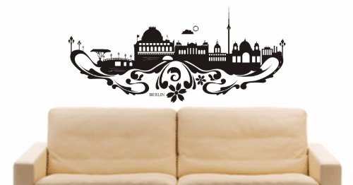 INDIGOS UG - Wandtattoo Wandsticker Wandaufkleber Aufkleber - Wandaufkleber e526 Skyline Stadt - Berlin (German) Design 3-96x42 cm - schwarz - Dekoration Küche Bad Büro Hotel