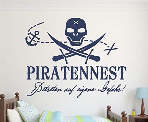 timalo® Wandtattoo Türaufkleber fürs Kinderzimmer „Piratennest“ für Jungen – Pirat, Totenkopf | 75016-schwarz-80x58cm