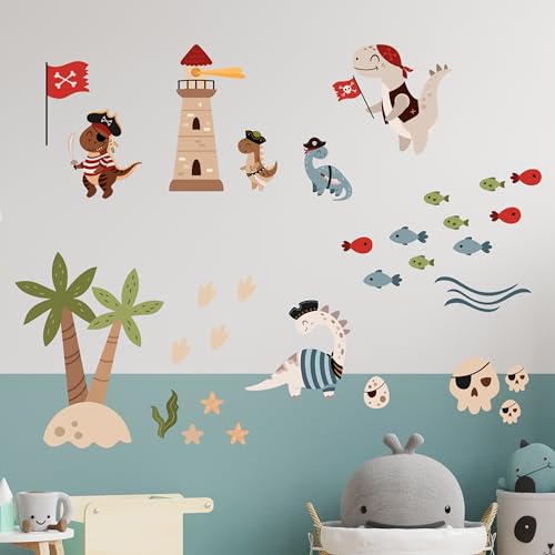 GRAZDesign Wandtattoo Piraten Kinderzimmer Set - Pirat Dinosaurier Piratenschiff - Wandaufkleber Babyzimmer für Jungen und Mädchen, selbstklebend 57x57cm