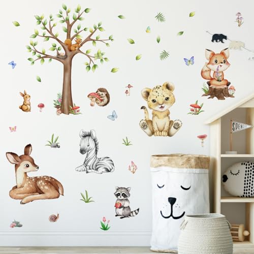 HaoFuJi Wandtattoo Kinderzimmer Baum Waldtiere Junge Mädchen Tiere Dschungel Deko Wandsticker Reh Wandaufkleber Wanddeko Wohnzimmer Babyzimmer Wandbild Kinder Aufkleber Safari Tier Tapete