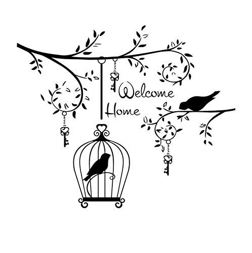 Entfernbarer Vinyl-Wandtattoo -  Welcome Home, Vögel auf dem Baum , geeignet für Wohnzimmer, Schlafzimmer, Kinderzimmer, Hausdeko. Künstlerisches Wandtattoo. 59X48 cm. Lieblings-Wandtattoo