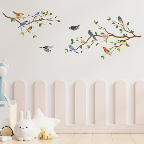 astylishome Wandsticker Kinderzimmer Mädchen Wandtattoo Rosa Kirschblüten Blumen Wandaufkleber Vögel auf Ast Vogelkäfig Wanddeko für Schlafzimmer Wohnzimmer TV Hintergrund 0513