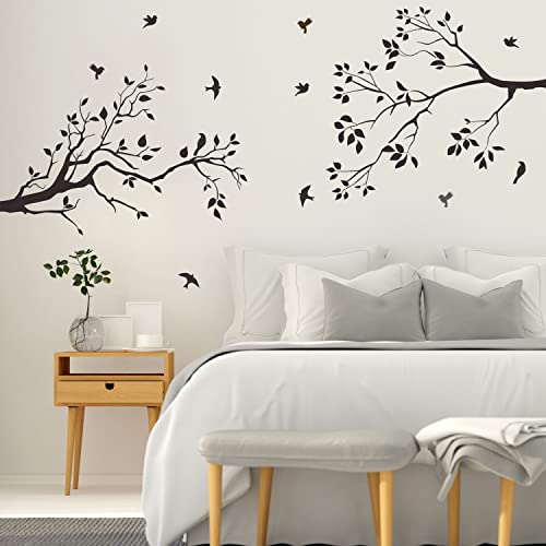 Runtoo Wandtattoo Ast Zweig Schwarz Wandsticker Vögel Baum Blätter Wandaufkleber Kinderzimmer Babyzimmer Wohnzimmer Schlafzimmer Wanddeko