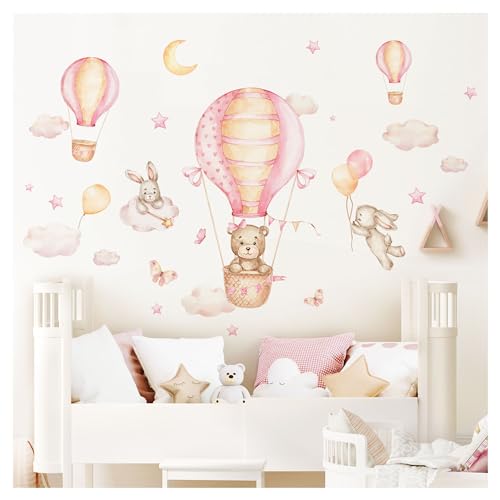 Little Deco Wandtattoo Heißluftballon Waldtiere Kinderzimmer Wandsticker Hase Bär Luftballon Wandaufkleber für Babyzimmer Wanddeko Schlafzimmer DL5019-03