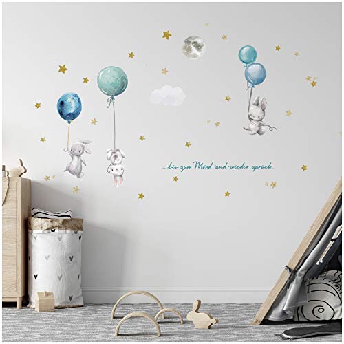 Aufkleber Set Heißluftballon auf 4 Din A4 Bögen Insgesamt 150x55cm Wandtattoo Wandsticker Sticker für Kinder Kinderzimmer Babyzimmer Aquarell Y057-4 (Hasen 2)