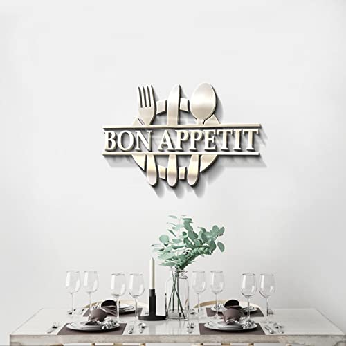 GLOBLELAND Esszimmer Wandaufkleber Bon Appetit 3D Spiegeleffekt Wand Aufkleber Wandtattoo Wandsticker Gabel und Löffelmuster Spiegel Aufkleber Wandaufkleber Wanddeko für Küche Restaurant Kühlschrank