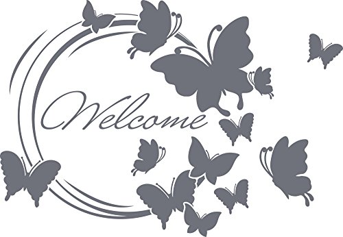 GRAZDesign Wandtattoo Flur Welcome Schmetterlinge, Willkommen Spruch, Sprüche für Eingang Wandaufkleber - 58x40cm / 071 grau