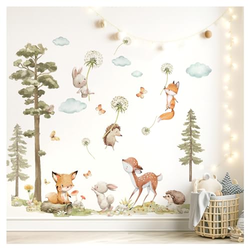 Little Deco Wandsticker Waldtiere Baum Wandtattoo Fuchs Hase REH Wandaufkleber Babyzimmer Pusteblume Kinderzimmer Wanddeko DL5072-02